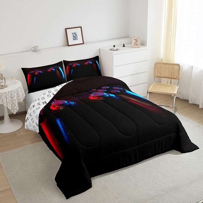 Gamer Comforter Set for Boys Girls Man Gaming Bedding Set,Black Gamepad Home Decor Player Video Game Duvet Insert Teens Kids 2 Pieces 1 Down Comforter with 1 Pieces Pillowcase(Twin Size,All Season)