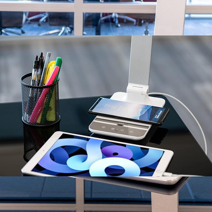 Stand Up Desk Store LED Desk Lamp with Wireless Charging Pad (White Housing, 500 Lumen LED, 10W Qi Wireless Charger, 5V/1A USB Output)