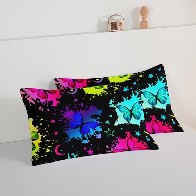HOSIMA Colorful Butterfly Comforter Set for College Girls and Boys,3Pcs Bedding Set Colorful Ink Print Comforter with 2 Pillowcases,Star Moon Black King Size Comforter Set for All Seasons.