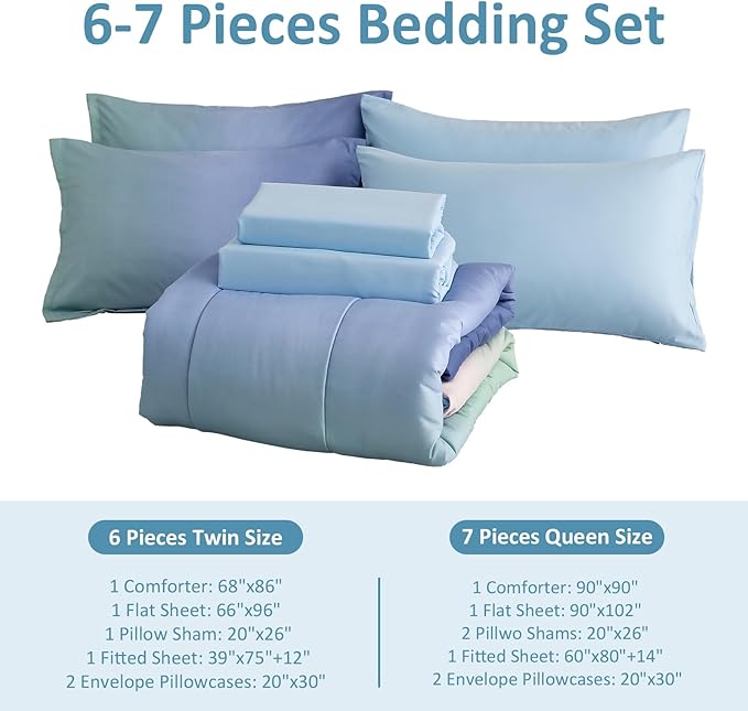 Dinjoy Girls Comforter Set Queen Size Colorful Rainbow Ombre Blue Green Pink Bedding Set Gradient 7 Pieces Bed in A Bag for Kids Teen Girl Women(1 Comforter, 1 Flat Sheet, 1 Fitted Sheet)