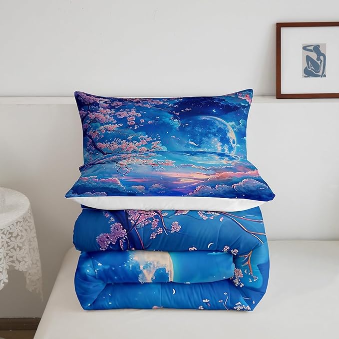 Manfei Cherry Blossoms Comforter Set Twin Size,Moonnight Cloud Starry Sky Bedding Set,Girls Women Room Decor,Sakura Flowers Chinese Style Down Comforter,Pink Blue Romantic Duvet Insert,1 Pillowcase