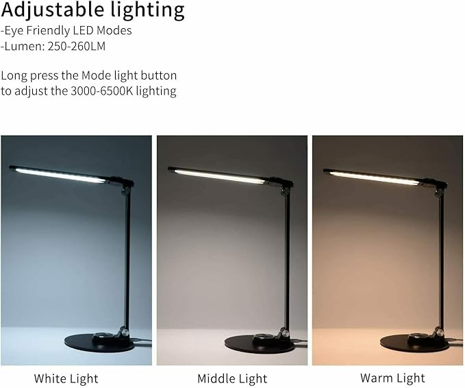 LED Desk Lamp Dimmable Table Lamp, LED Desk Lighting with USB Charging Port, 10W Foldable Rotatable Desk Lights, Touch Control Adjustable Office Lamp with Adapter for Reading