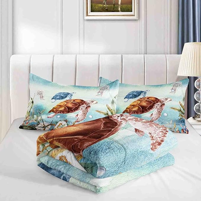 Datura home Sea Turtle Bedding Comforter Set for Boys Girls Teens Children Adults,Watercolor Sea Creatures Blue Ocean Theme Bedding Set with 1 Comforter and 2 Pillowcases(Turtle Twin) Blue Turtle