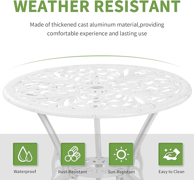 3 Piece Patio Set Outdoor Cast Aluminum Patio Bistro Table and Chairs Set of 2,All Weather Outdoor Bistro Sets with 1.97" Umbrella Hole for Front Porch Set,Garden(White)