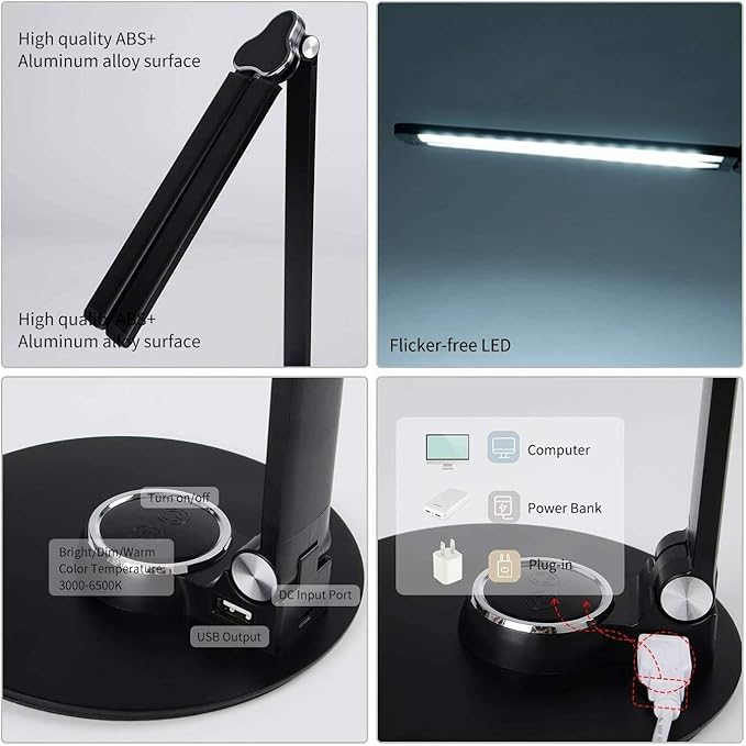 LED Desk Lamp Dimmable Table Lamp, LED Desk Lighting with USB Charging Port, 10W Foldable Rotatable Desk Lights, Touch Control Adjustable Office Lamp with Adapter for Reading