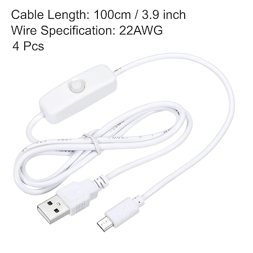 MECCANIXITY USB Cable with 501 ON/Off Switch, USB Male to Micro USB Male Power Cable 100cm for Digital Equipment LED Desk Lamp LED Strip White Pack of 4