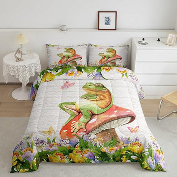 Frog Bedding Set Kids Kawaii Decor Comforter Set Frog Mushrooms Comforter Cover Set for Boys Room Decor Botanica Cute Mushroom Decor Green Red Duvet Set Full Size 3Pcs Quilt Set