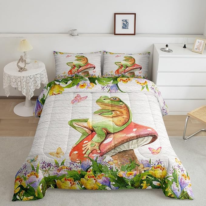 Frog Bedding Set Kids Kawaii Decor Comforter Set Frog Mushrooms Comforter Cover Set for Boys Room Decor Botanica Cute Mushroom Decor Green Red Duvet Set Full Size 3Pcs Quilt Set