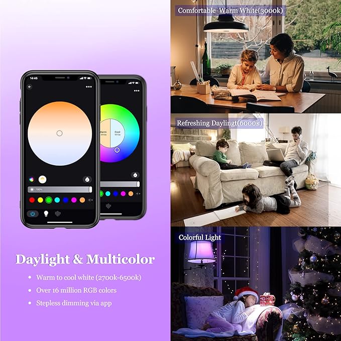 Smart Light Bulb, WiFi & Bluetooth 5.0, A19 E26 800LM Color Changing Light Bulb, Warm to Cool White, Dimmable LED Lights, App Control, UL Listed, No Hub Required, Works with Alexa Google Home