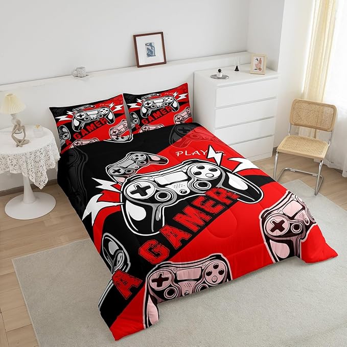 Erosebridal Gaming Bedding Sets for Boys Gamer Comforter Set Queen Size,Video Gaming Bedding Set Game Console Kids Comforter Sets 3Pcs Gamer Room Decor,Red Black