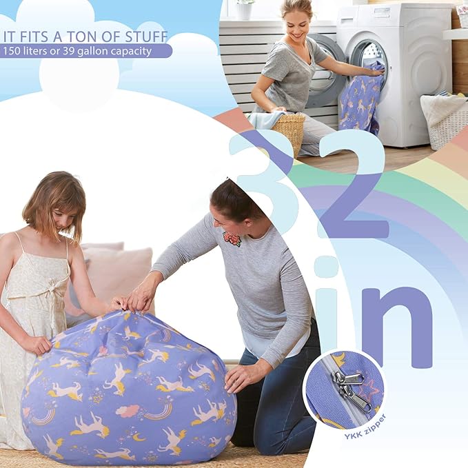 Aubliss Stuffed Animal Bean Bag Storage Chair (Light Blue Unicorn, Medium (32''))