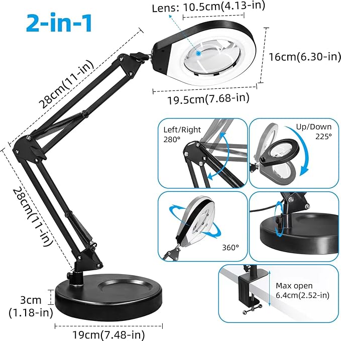 Magnifying Glass with Light and Stand & Clamp, Magnifying Desk Lamp with LED Lighted 5X Magnifier, Dual Fixtures, Upgraded Switch, for Hobby Craft Repair Reading Precision Work