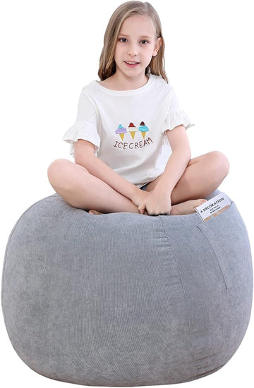 Stuffed Animal Storage Bean Bag Chair Cover (No Filler) for Kids and Adults.Soft Premium Corduroy Stuffable Beanbags for Organizing Children Plush Toys or Memory Foam Small 100L (Grey)