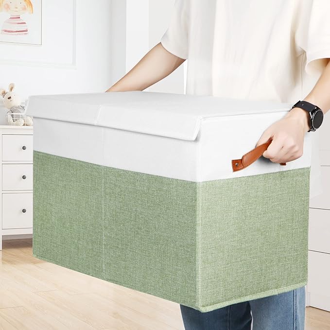 Large Toy Storage Box with Lid, Sturdy Toys Storage Chest Bin Organizer Basket with Dividers for Kids, Boys, Girls, Nursery, Closet, Bedroom, Playroom 25"x13" x16" (Green and White)