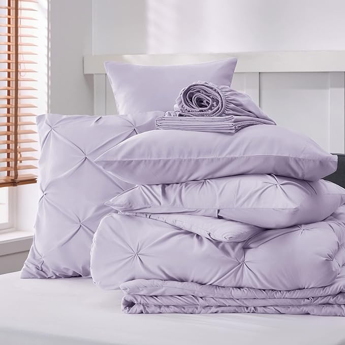 Bedsure Light Purple Comforter Set King - Bedding Set King 7 Pieces, Pintuck Bed in a Bag Purple Bed Set with Comforter, Sheets, Pillowcases & Shams