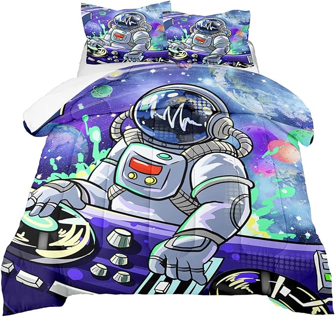 Outer Space Astronaut Full Comforter Sets for Teens Boys Galaxy Astronaut Space Bedding Themed Bedroom Decor Kids Comforter Sets Boys Room, 1 Comforter 2 Pillowcases