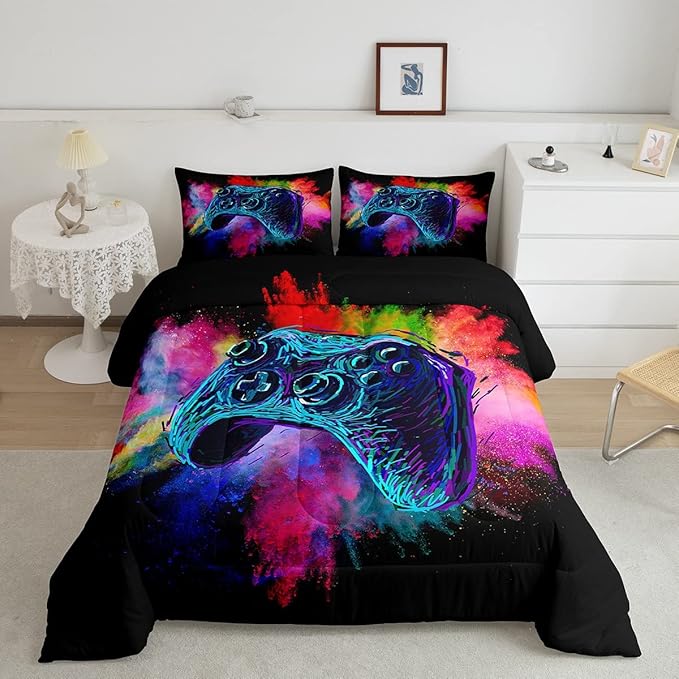 Erosebridal Teen Boys Gaming Full Size Comforter Sets Kids Gamer Bedding Set Girls Colorful Tie Dye Down Comforter Video Game Room Deocr Bed Set Navy Blue Gamepad Bedding Quilt with 2 Pillow Cases