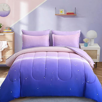 Dinjoy Girls Comforter Set Twin XL Size Rainbow Ombre Purple Lavender Pink Bedding Set Gradient 6 Pieces Bed in A Bag for Kids Teen Girl Women(1 Comforter, 1 Flat Sheet, 1 Fitted Sheet)