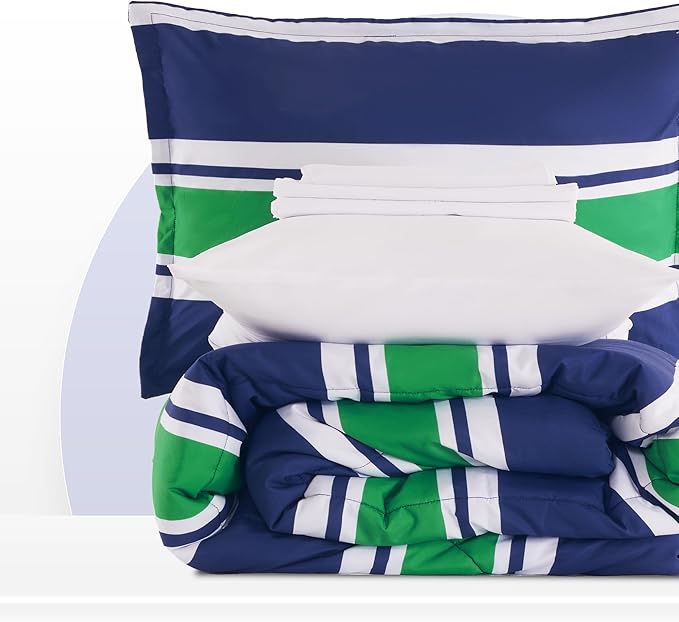 SLEEP ZONE Kids Rugby Bedding Comforter Set Full/Queen Size - Super Cute & Soft Kids Bedding 7 Pieces Set with Comforter, Sheet, Pillowcase & Sham (Rugby Stripe Navy/Green)