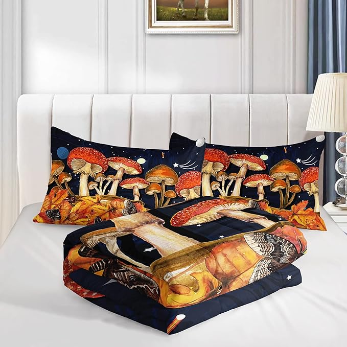 Galaxy Mushroom Comforter Set Twin Size Kids Mushroom Butterfly Bedding Set Leaves Quilt Bed Set for Boys Girls Adults with 1 Comforter and 2 Pillowcases