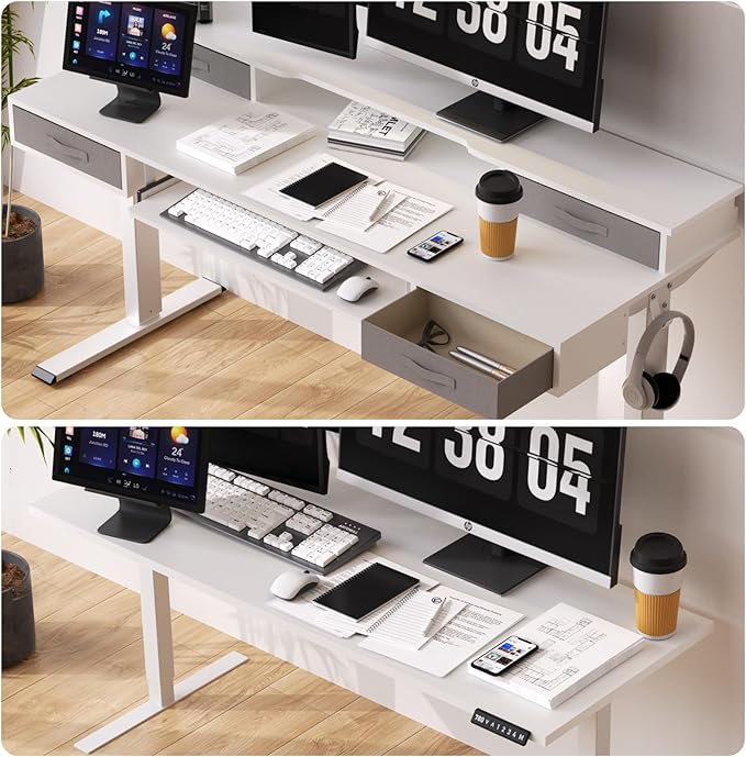 Electric Standing Desk, Multifunctional Standing Desk Adjustable Height, 63 * 24 Standing Desk with 4 Drawers, Ergonomic Adjustable Standing Desk with Keyboard Tray, Snow White