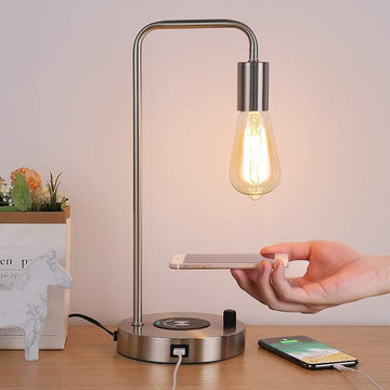 USB Desk Lamp – Table Lamp with Wireless Charging Pad and USB Port, Edison Bedside Nightstand Lamp with Metal Base for Guestroom Bedroom Living Room Office, Satin Nickel