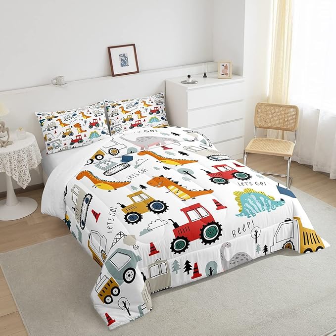 Feelyou Construction Comforter Set Kids Cartoon Dinosaur Comforter Cover Set for Boys Equipment Trucks Bedding Set Construction Vehicles Kawaii Jungle Dino Duvet Set Room Decor Quilt Set King Size