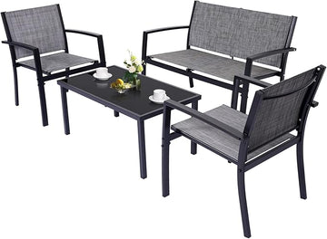 4 Pieces Patio Furniture Set Outdoor Garden Patio Conversation Sets Poolside Lawn Chairs with Tempered Glass Coffee Table Loveseat Porch Furniture Textilene Fabric Grey