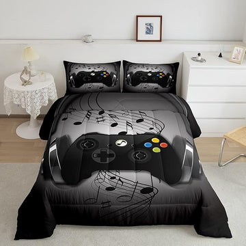 Gamer Comforter Set Twin Size,Black Grey Headphones Musical Design Games Gamepad Bedding Set for Kids Boys Video Game Room Decor Retro Playing Gamer Down Comforter Gaming Controller Quilted Duvet Set