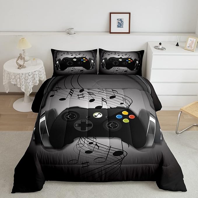 Gamer Comforter Set Queen Size,Black Grey Headphones Musical Design Games Gamepad Bedding Set for Kids Boys Video Game Room Decor Retro Playing Gamer Down Comforter Gaming Controller Quilted Duvet Set