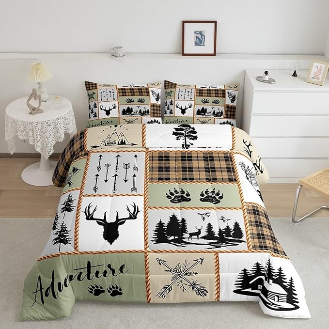 Camper Adventure Kids Comforter Set Queen Size,Deer Antlers Bear Paws Farmhouse Bedding Set for Boys Girls Adults Room Decor,Arrows Plaids Patchwork Down Comforter,Rustic Duvet Insert,2 Pillowcases