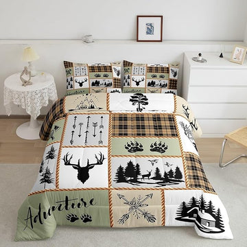 Camper Adventure Kids Comforter Set King Size,Deer Antlers Bear Paws Farmhouse Bedding Set for Boys Girls Adults Room Decor,Arrows Plaids Patchwork Down Comforter,Rustic Duvet Insert,2 Pillowcases
