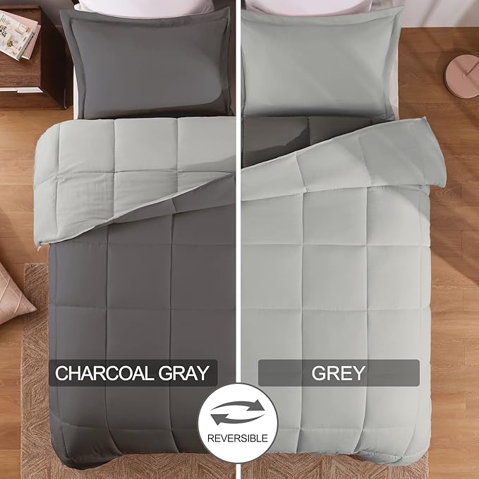 Basic Beyond Queen Comforter Set - Fluffy Comforter Queen Set for All Seasons - Reversible Dark Grey Comforter Set for Mens - 3 Pieces (1 Comforter + 2 Pillow Shams) - Dark Gray/Grey
