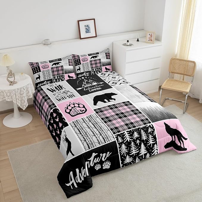 Rustic Farmhouse Comforter Set Twin Size,Deer Bear Wolf Hunting Animals Bedding Set for Kids Boys Girls Adults Room Decor,Pine Trees Patchwork Down Comforter,Pink Xmas Duvet Insert,1 Pillowcase