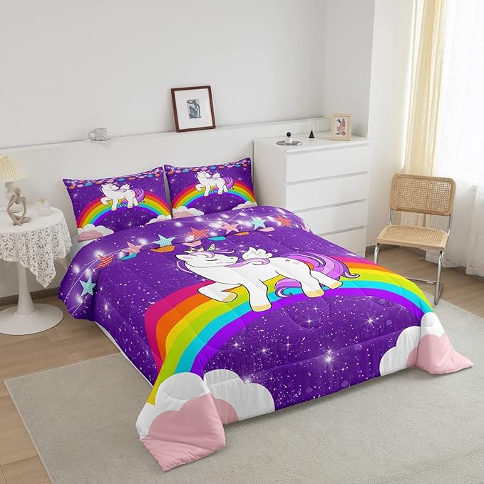 Girls Unicorn Comforter Set Twin Rainbow Bedding Set Cute Unicorn Glitter Down Comforter Kids Cartoon Kawaii Quilt Set Galaxy Stars Fantasy Room Decor Children Girly Unicorn Reversible Purple