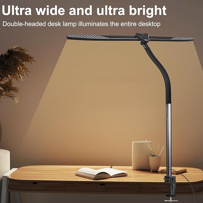 Led Desk Lamp for Office Home - Bright Double Head Desk Light with Clamp,Architect Task Lamp Gooseneck Smart Light: 24W 5 Color Flexible Adjustable Lighting Table Lamp for Study Drafting