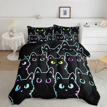 Axolotl Kids Bedding Cartoon Cat Comforter Set Queen Size,Gradient Line Cute Cat Bedding Set for Teens Kids Boys Girls Adults Room Decor,Kids Comforter Set All Season,1 Comforter 2 Pillow Cases,Black