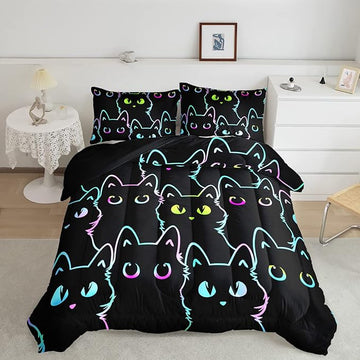 Axolotl Kids Bedding Cartoon Twin Size,Gradient Line Cute Cat Bedding Set for Teens Kids Boys Girls Adults Room Decor, All Season,1 Comforter 2 Pillow Cases,Black
