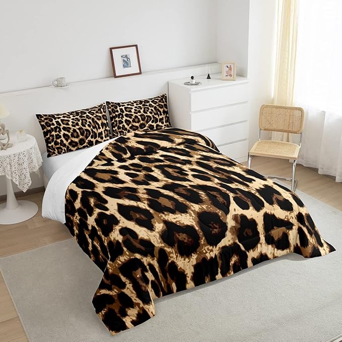 Black Brown Leopard Print Comforter Set Women Cheetah Printed Bedding Set Men Africa Animal Wildlife Duvet Set for Kids Girls Teens Bedroom Decor Luxury Home Hotel Room Soft Comforter Queen Size 3Pcs