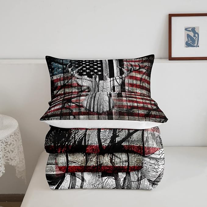 Feelyou American Flag Deer Antlers Bedding Set Hunting Camping Comforter Set for Kids Boys Girls USA Flag Comforter Tree Branch Inner Fill Duvet Set 1 Comforter Set with 2 Pillowcases King Size