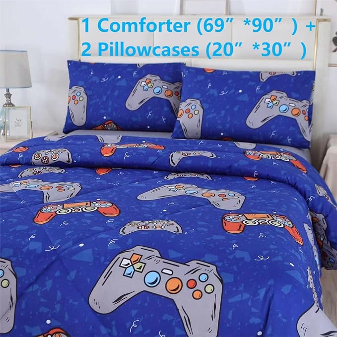3PCS Blue Gamer Twin Comforter Set for Boys Girls Teens and Kids, Microfiber Gaming Twin Bed Comforter, Lightweight and Fade Resistant, Twin