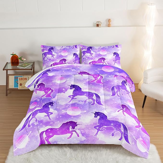 HOSIMA Purple Unicorn Bedding Sets for Girls Kids,3 Piece Soft Microfiber Galaxy Comforter Princess Crib Bedding Set Unicorn Bedroom Decor for Girls Room,Planet Cloud Full Size Bed in a Bag.