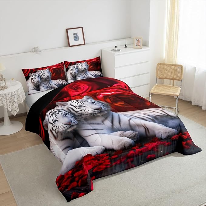 Tiger Comforter Set Queen, Red Rose Down Comforter Kids Girls Women,Red Image of Large Cat Playing with Water Cool Nature Animal Quilted Duvet Insert Gorgeous Floral Flower Bedding Comforters,Brown