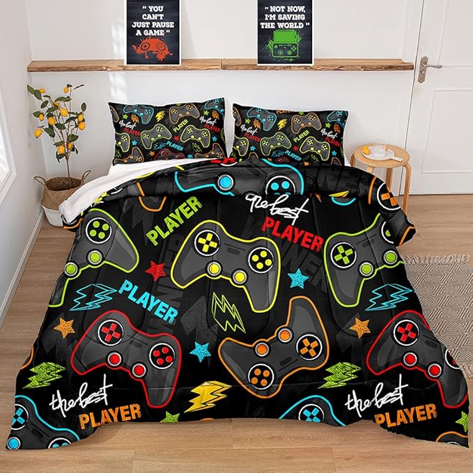 Gaming Comforter for Boys Teen,Game Contoller Bedding Set for Boys Kids,Down Alternative Comforter for All Season,Gamer Home Decor for Boys Comforter Set (Comforter-Game25, Queen)