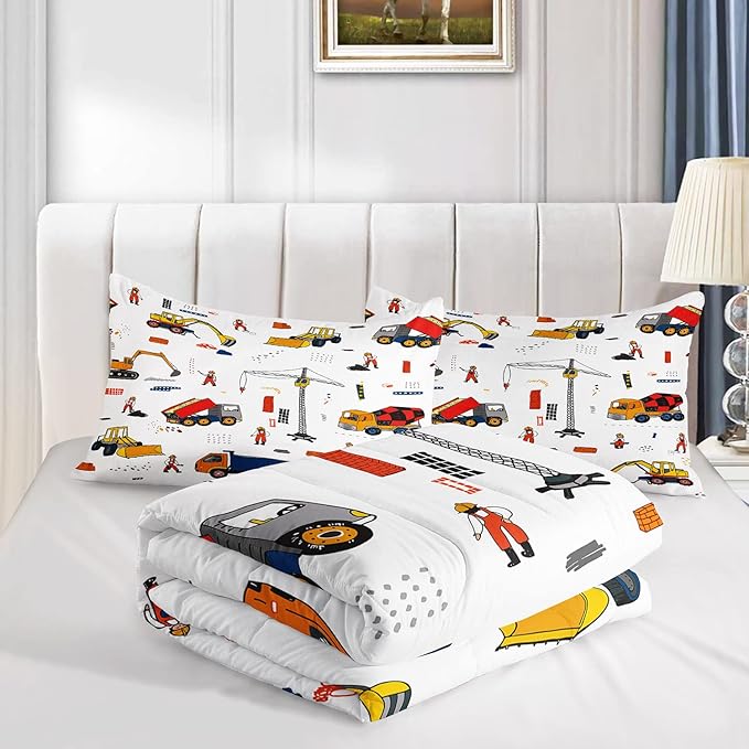 CVHOUSE Tractor Bedding Sets for Boys,Excavators Comforter King,Boys Cartoon Truck Comforter Set,Trucks Tractors Cars Quilt Set with 1 Comforter and 2 Pillow Cases- 3 Piece