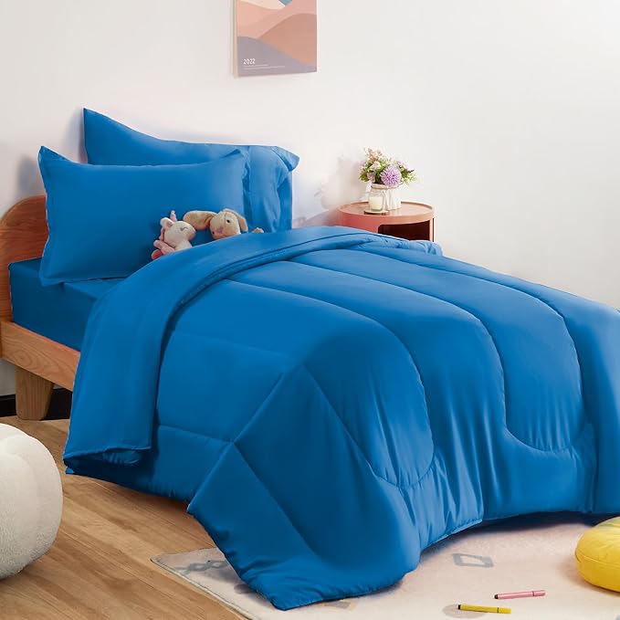 SLEEP ZONE Kids Bedding Comforter Set Full/Queen Size - Super Cute & Soft Kids Bedding 7 Pieces Set with Comforter, Sheet, Pillowcase & Sham (Blue)