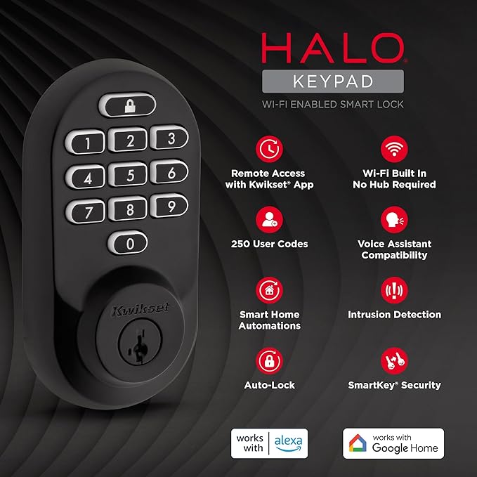 Kwikset Halo Wi-Fi Smart Lock, Keyless Entry Door Deadbolt, Geofence Auto-Unlock, Grade AAA Certified, No Hub Easy Install, Matte Black Lifetime Finish Warranty, Backlit Keypad