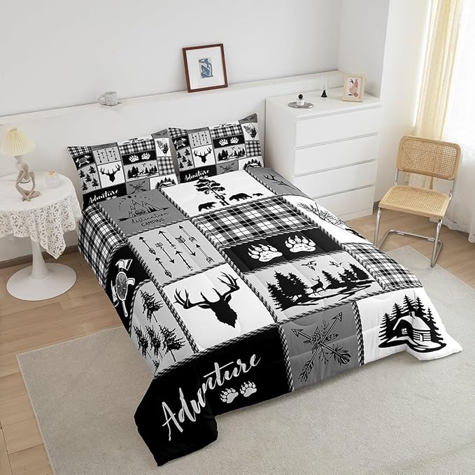 Deer Bear Comforter Set King Size,Pine Trees Christmas Bedding Set for Kids Boys Girls Adults Room Decor,Camping Adventure Rustic Farmhouse Down Comforter,Black Retro Duvet Insert,2 Pillowcases