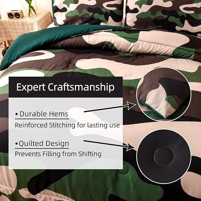 Meeting Story Camouflage Bedding Set, Colorful Pattern Style Comforter Set, 5 PCS One Comforter Two Pillowcases Two Sheets in One Bag, All Season Bedspread for Teens Adults (Green, Full 5Pcs)