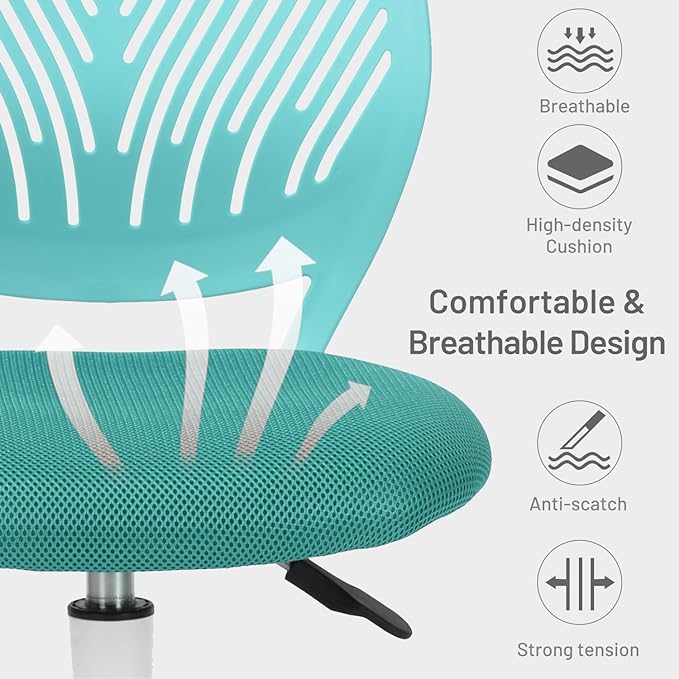 FurnitureR Desk Chair Small Study Chairs Armless for Child Kids Teens, Swivel Rolling Lightweight Task Chair with Wheels and Mesh Padded Cushion, Turquoise